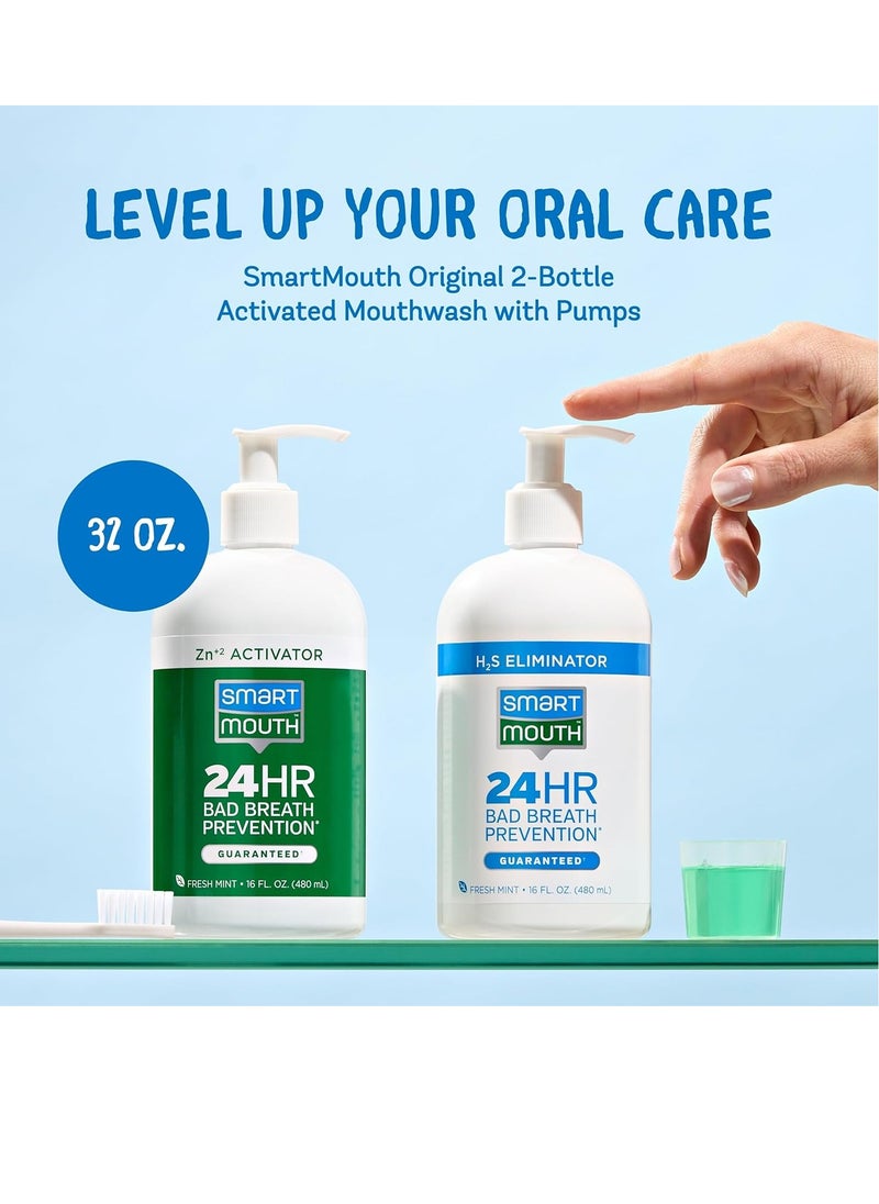 SmartMouth 2-Bottle Activated Mouthwash System with Pumps - Adult Mouthwash for Bad Breath - Twice Daily Oral Care System with Zinc Ion Technology - Fresh Mint Flavor, 32 fl oz (16 oz per Bottle)