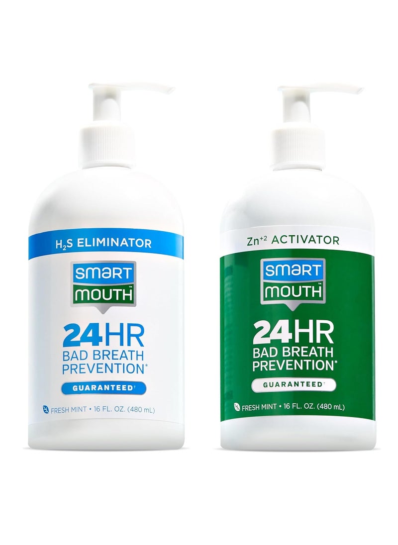 SmartMouth 2-Bottle Activated Mouthwash System with Pumps - Adult Mouthwash for Bad Breath - Twice Daily Oral Care System with Zinc Ion Technology - Fresh Mint Flavor, 32 fl oz (16 oz per Bottle)