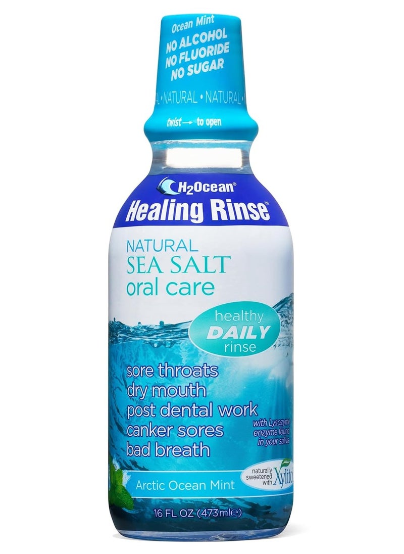 H2Ocean Healing Rinse Natural Sea Salt Oral Care - Mouth Rinse for Oral Care - Great for Piercings, Sore Throats & Gum Health - Alcohol- & Fluoride-Free Mouthwash - Arctic Ocean Mint, 16 oz