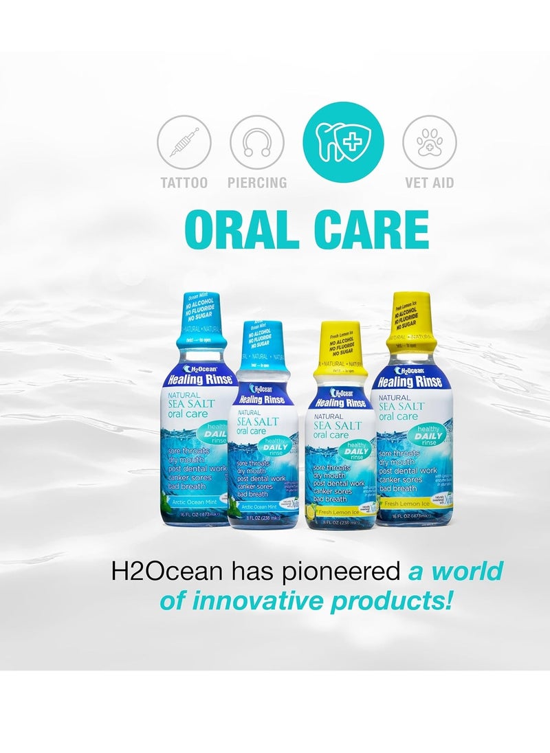 H2Ocean Healing Rinse Natural Sea Salt Oral Care - Mouth Rinse for Oral Care - Great for Piercings, Sore Throats & Gum Health - Alcohol- & Fluoride-Free Mouthwash - Arctic Ocean Mint, 16 oz