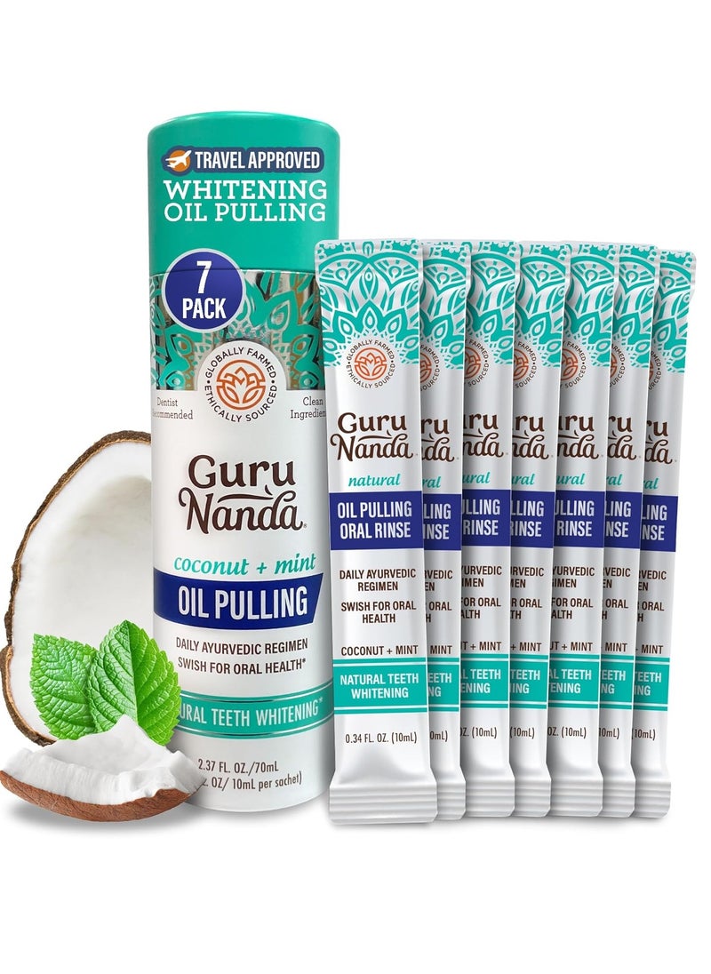 GuruNanda Travel Sachets Coconut Oil Pulling, Fresh Breath & Whitening Mouthwash, 7 Essential Oils & Vitamins for Happy Teeth & Gums, 7 Sachets