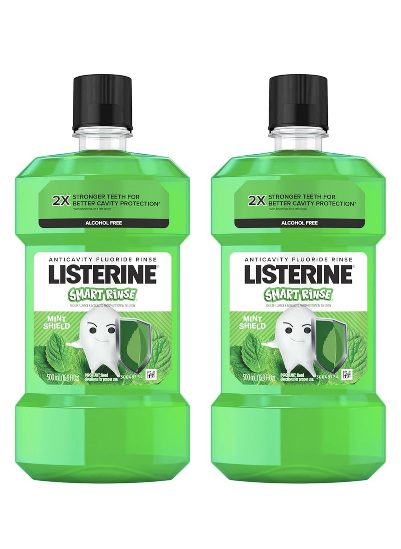 Listerine Smart Rinse Kids Mouthwash, ADA Accepted, Alcohol-Free Anticavity Sodium Fluoride Mouthwash, Oral Rinse for Dental Cavity Protection, Mint Shield Flavor, Convenience Pack, 500 mL, 2 Pack