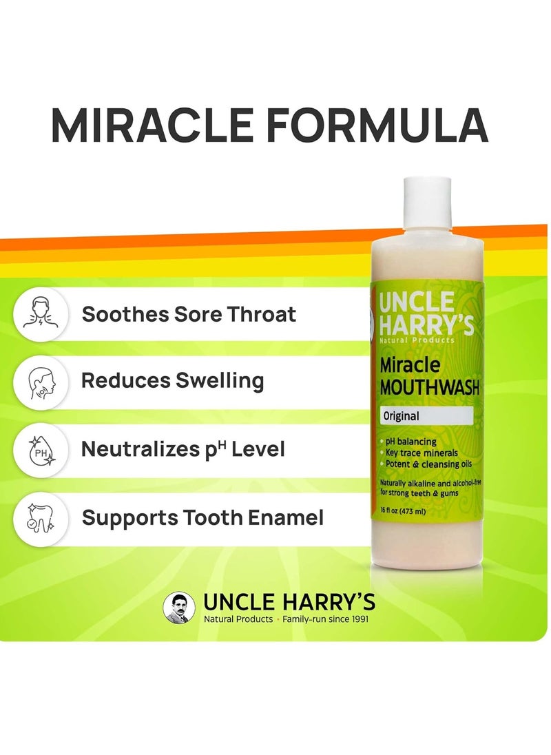 Uncle Harry's Natural Alkalizing Miracle Mouthwash | Adult & Kids Mouthwash for Bad Breath | pH Balanced Oral Care Mouth Wash & Mouth Rinse (16 fl oz)