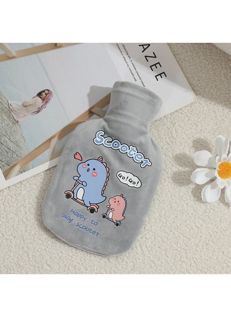 1 x 5 pcs Plush Rubber Hot Water Bag Autumn Winter Cartoon Thicken Leakproof Grey Dinosaur 350ml