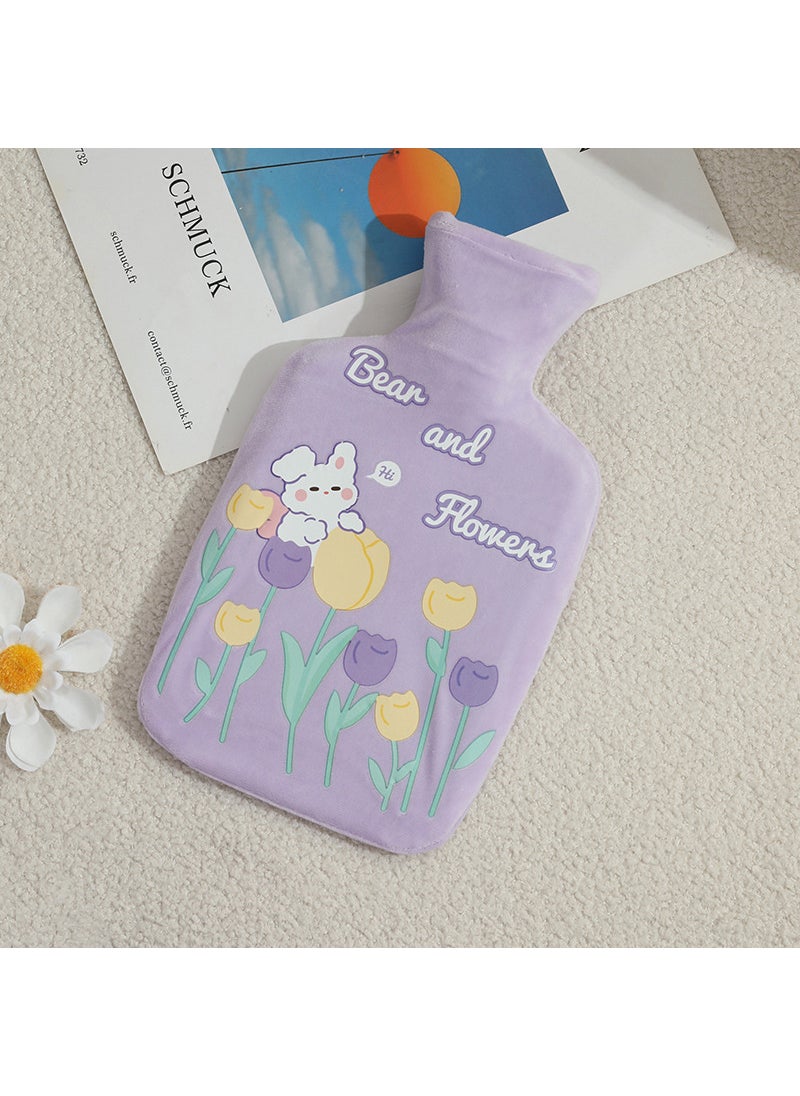 1 x 5 pcs Plush Rubber Hot Water Bag Autumn Winter Cartoon Thicken Leakproof Purple floret 1000ml