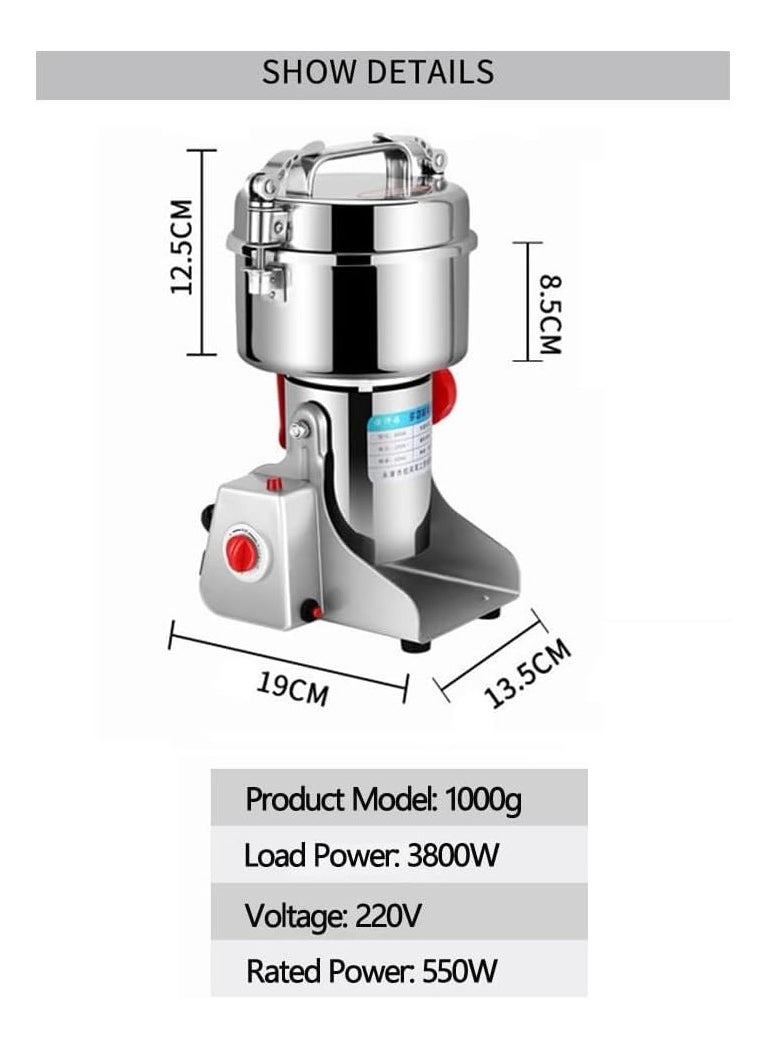 Grain Mill Grinder Electric 800g Commercial Spice Grinder 3800W High Power Spice Mill Stainless Steel Pulverizer Dry Grinder Grinding Machine For Household/Resturant/Hotel