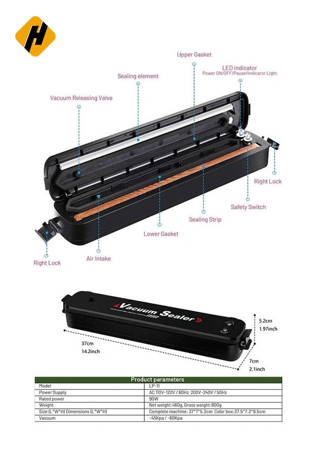 Automatic Vacuum Sealer Machine for Food Preservation Storage Saver Automatic Vacuum Sealing System, Intelligent LED Indicator Lights,with Drainage Holes baffles Starter Kit Inclued15 PCS Bags Black