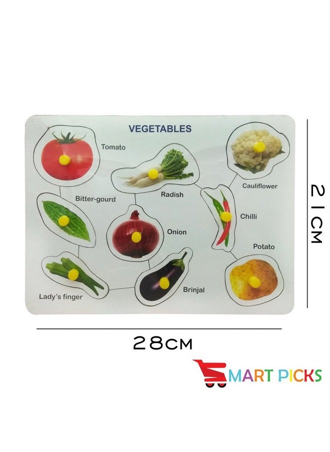 Wooden Colorful Learning Educational Puzzle Board For Kids With Knobs, Educational Learning Wooden Board Tray, Size- 28 X 21 Cm, Available In 10 Different Variants (Vegetables)