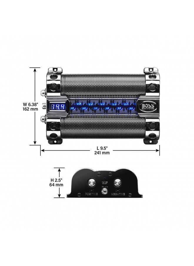 BOSS Audio Systems CAP8 8 Farad Car Capacitor - Energy Storage, Enhanced Bass From Stereo, Warning Reverse Polarity Tone, Voltage Overload Low Battery Voltage Led, For Amplifier and Subwoofer
