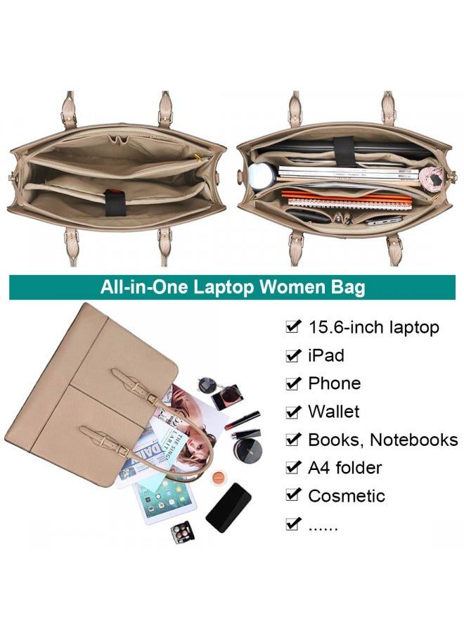 Laptop Bag for Women Leather Work Tote 15.6 Inch Laptop for Computer Bag Waterproof Business Office Professional Large Capacity Handbag Shoulder Bag khaki
