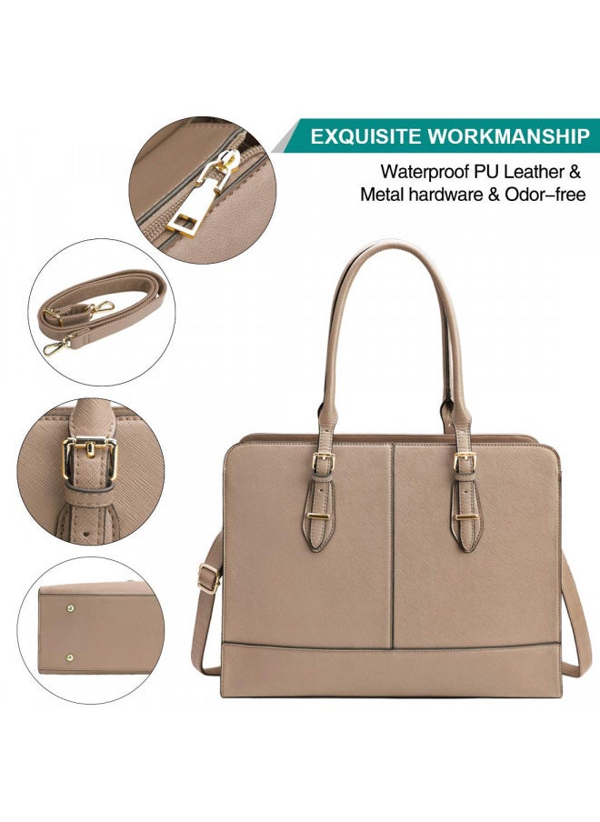 Laptop Bag for Women Leather Work Tote 15.6 Inch Laptop for Computer Bag Waterproof Business Office Professional Large Capacity Handbag Shoulder Bag khaki