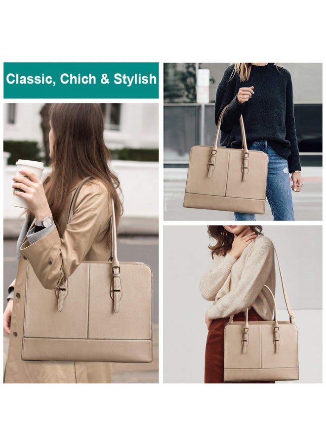 Laptop Bag for Women Leather Work Tote 15.6 Inch Laptop for Computer Bag Waterproof Business Office Professional Large Capacity Handbag Shoulder Bag khaki