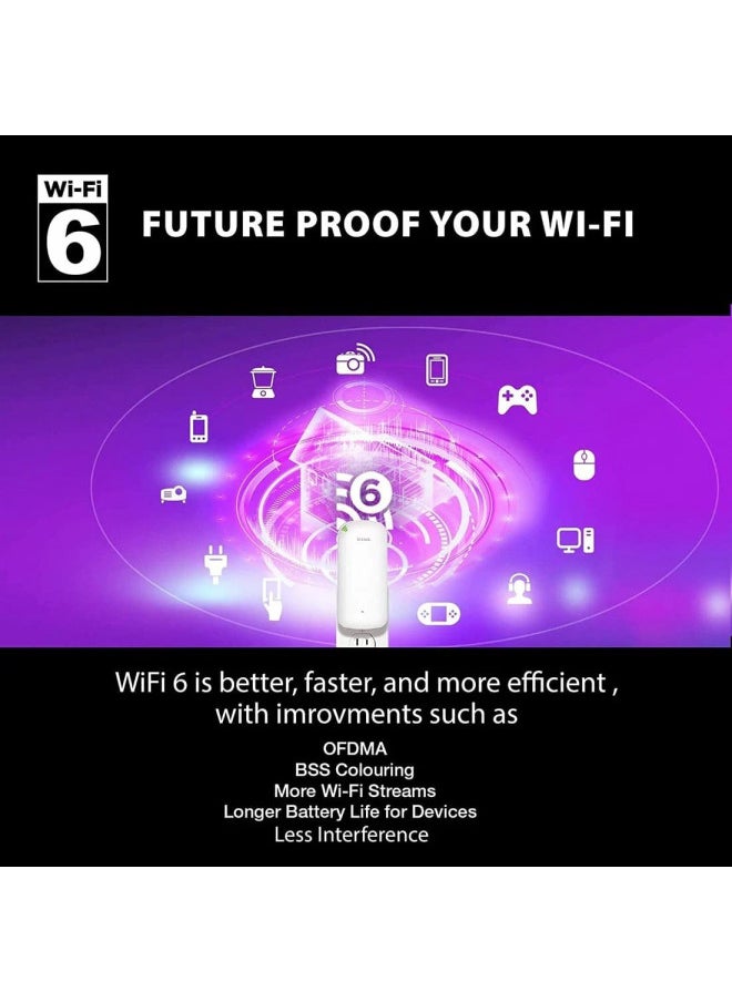 D-Link AX1800 Mesh Wi-Fi 6 Range Extender- Cover up to 2600 sq.ft- Dual Band, MU-MIMO, Mesh, WPA3, Booster, Repeater, Access Point, Extend Wi-Fi in Your Home, Gigabit Port, Easy App Setup, (DAP-X1870)