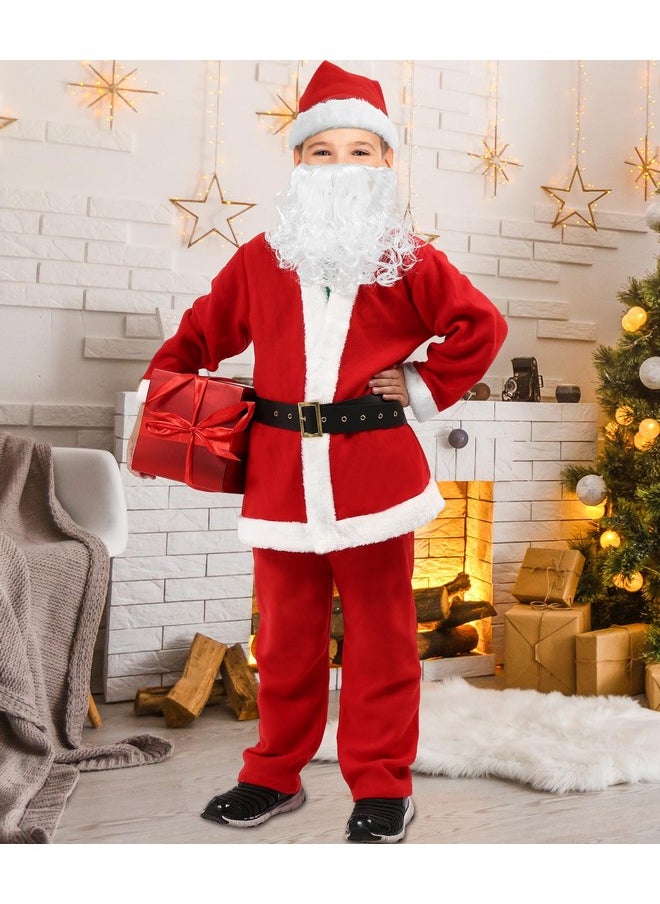 Kids Santa Claus Costume Velvet Santa Suit Boys Santa Costume, Christmas Halloween Costume Cosplay Set For Child (V Collar Coat Costume Set, Large)