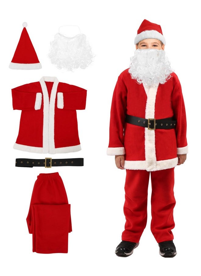 Kids Santa Claus Costume Velvet Santa Suit Boys Santa Costume, Christmas Halloween Costume Cosplay Set For Child (V Collar Coat Costume Set, Large)