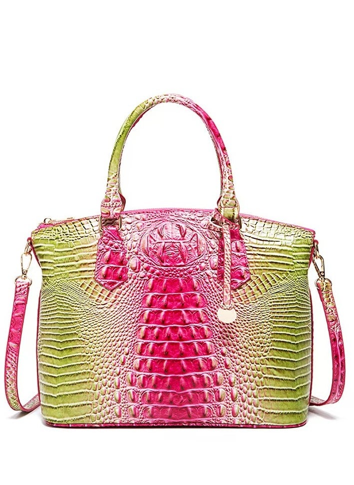 Women Satchel Handbags Top-Handle Bags fuax Leather Embossed Crocodile pattern shoulder bag-Green & Pink