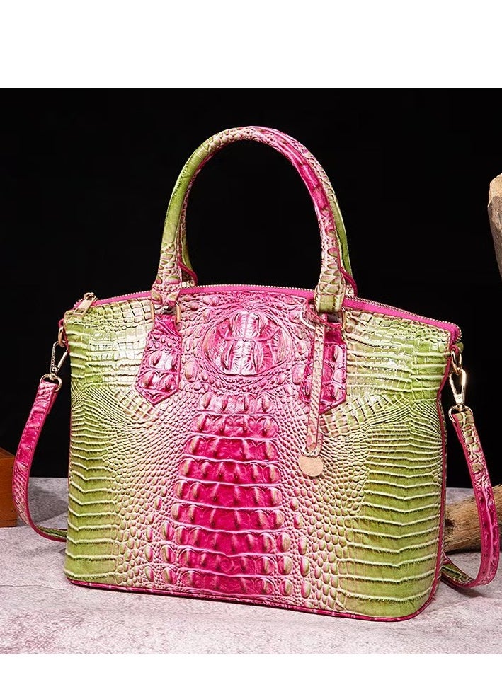 Women Satchel Handbags Top-Handle Bags fuax Leather Embossed Crocodile pattern shoulder bag-Green & Pink