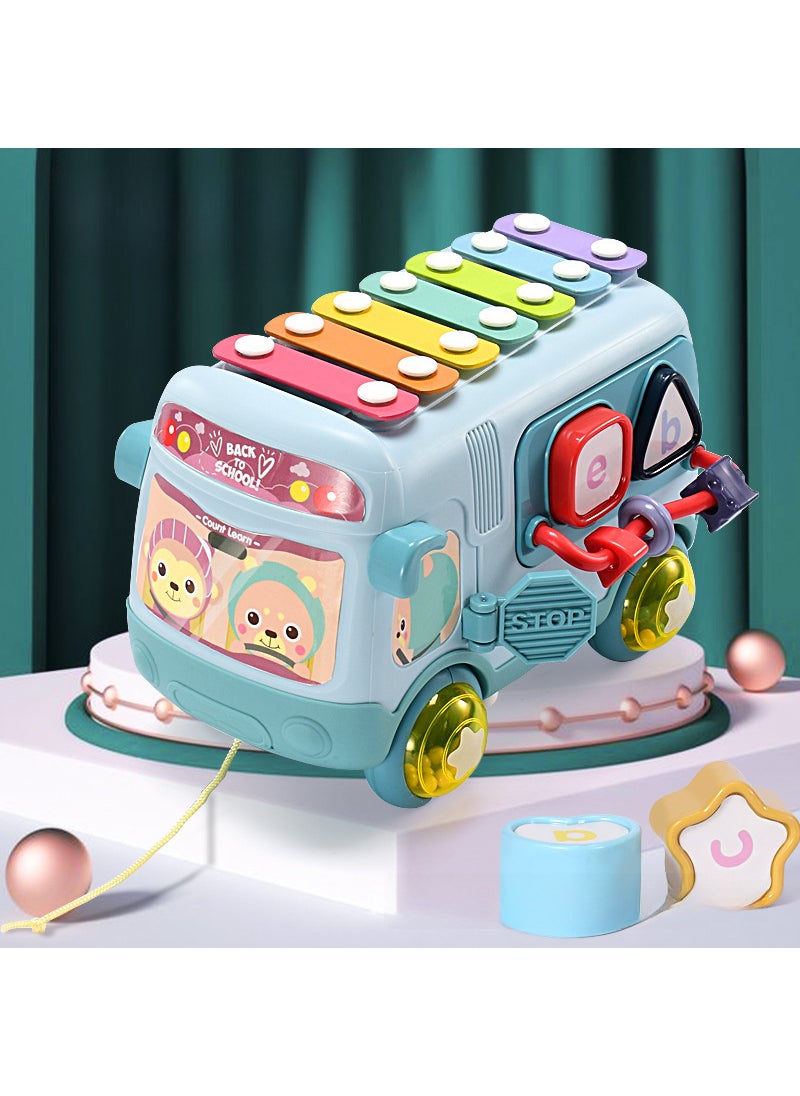 1 x 5 pcs Multifunctional Bus Piano Baby Drum Toy Blue multi-function bus