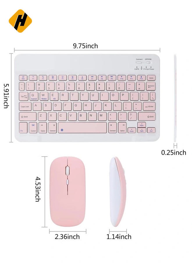 Rechargeable Bluetooth Keyboard and Mouse Combo Ultra-Slim Portable Compact Wireless Mouse Keyboard Set for Android Windows Tablet Cell Phone iPhone iPad Pro Air Mini, iPad OS/iOS (Pink)