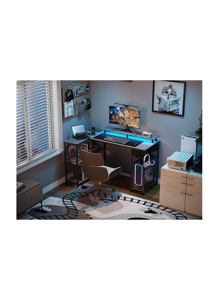 53 in (~134.6 cm) L-Shaped Desk, L-Shaped Game Table with Electrical Outlet and LED Lights, Computer Desk with Monitor Stand and Storage Pocket, Home Office Corner Desk with Hooks, Easy to Assemble, Grey Oak