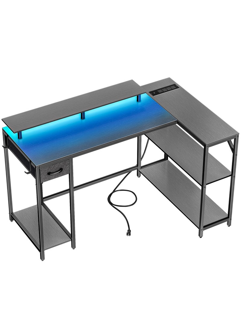 53 in (~134.6 cm) L-Shaped Desk, L-Shaped Game Table with Electrical Outlet and LED Lights, Computer Desk with Monitor Stand and Storage Pocket, Home Office Corner Desk with Hooks, Easy to Assemble, Grey Oak