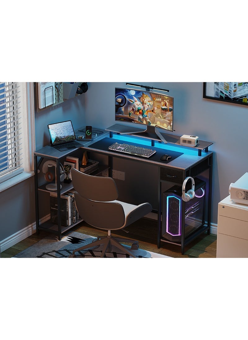 53 in (~134.6 cm) L-Shaped Desk, L-Shaped Game Table with Electrical Outlet and LED Lights, Computer Desk with Monitor Stand and Storage Pocket, Home Office Corner Desk with Hooks, Easy to Assemble, Grey Oak