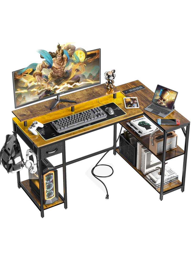 53 in (~134.6 cm) L-Shaped Desk, L-Shaped Game Table with Electrical Outlet and LED Lights, Computer Desk with Monitor Stand and Storage Pocket, Home Office Corner Desk with Hooks, Easy to Assemble, Grey Oak