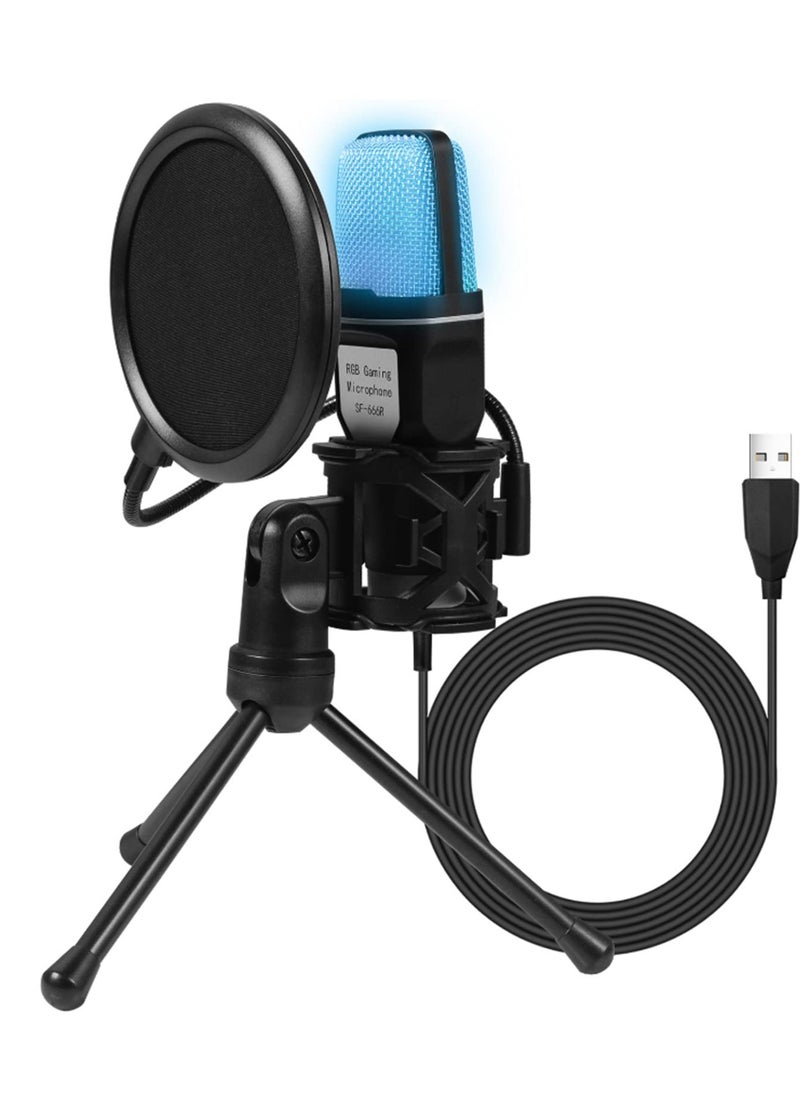 USB Microphone, RGB Studio Microphone with Shock Mount, Condenser Microphone Kit with Foldable Tripod Stand, Podcast Mic Set with Pop Filter for Recording, Podcasting, Streaming (Black)