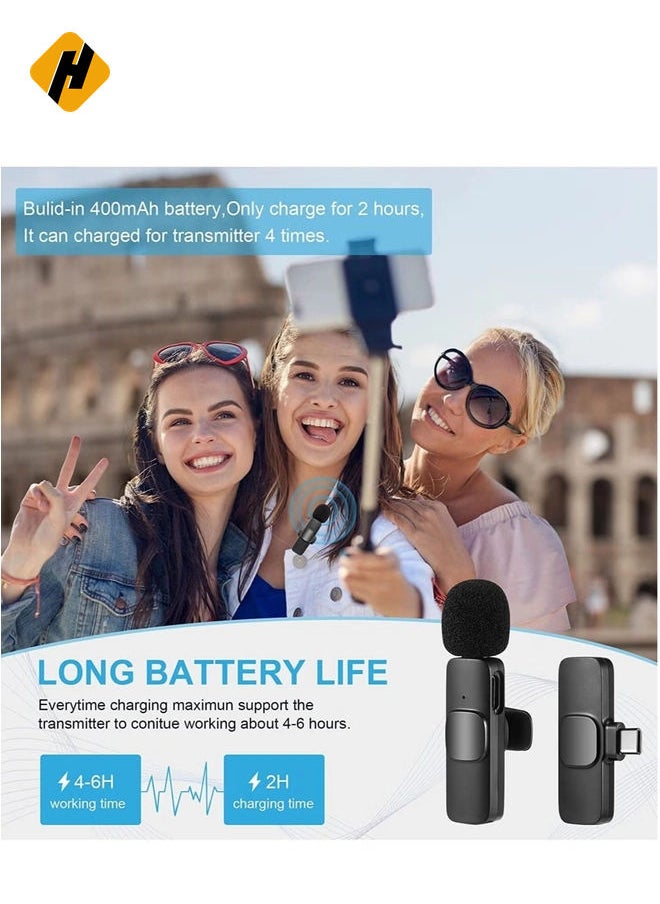 Wireless Lavalier Microphone for Type-C Phone, Plug-Play Wireless Mic with 2 Microphone for USB-C Android Phone Video Recording, Interview, Vlog, Auto Sync and Noise Reduction