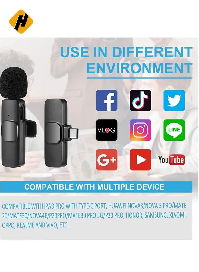 Wireless Lavalier Microphone for Type-C Phone, Plug-Play Wireless Mic with 2 Microphone for USB-C Android Phone Video Recording, Interview, Vlog, Auto Sync and Noise Reduction