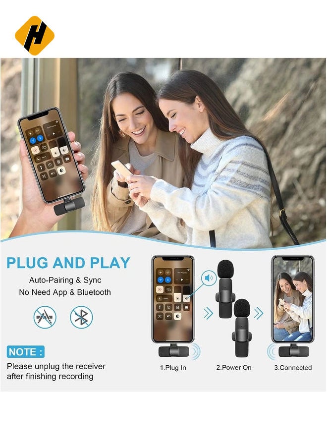 Wireless Microphone for iPhone iPad- Plug-Play Wireless Lavalier Mic with 2 Microphone for Phone Video Recording- Interview- Vlog- Auto Sync and Noise Reduction- 2.4G