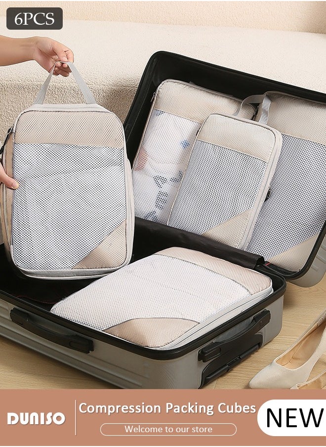 6 PCS Compression Packing Cubes for Suitcase, Waterproof Suitcase Organizer Bags, Compressible Packing Cubes for Carry on Suitcase, Expandable Packing Pouches, Lightweight Luggage Organizer Bags for Travel Essentials Accessories