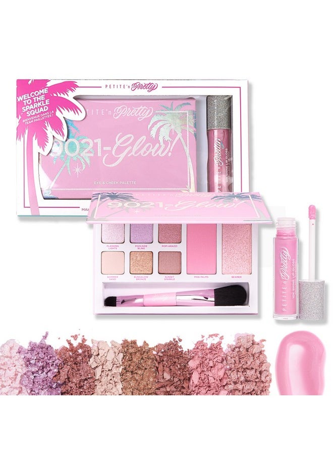 Petite N Pretty Everyday At First Glow Makeup Set For Kids, Teens, & Tweens - Natural 3-In-1 Makeup Palette Of Blush, Eyeshadow, And Highlighter & 10K Shine Lip Gloss (Gia Pink)