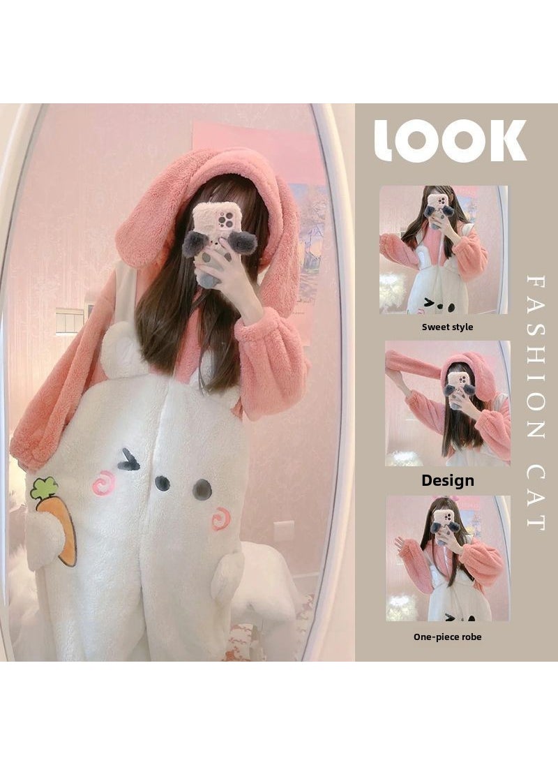 Winter Plush Bunny Pajama Cute Petite Coral Fleece Pink White Rabbit jumpsuit