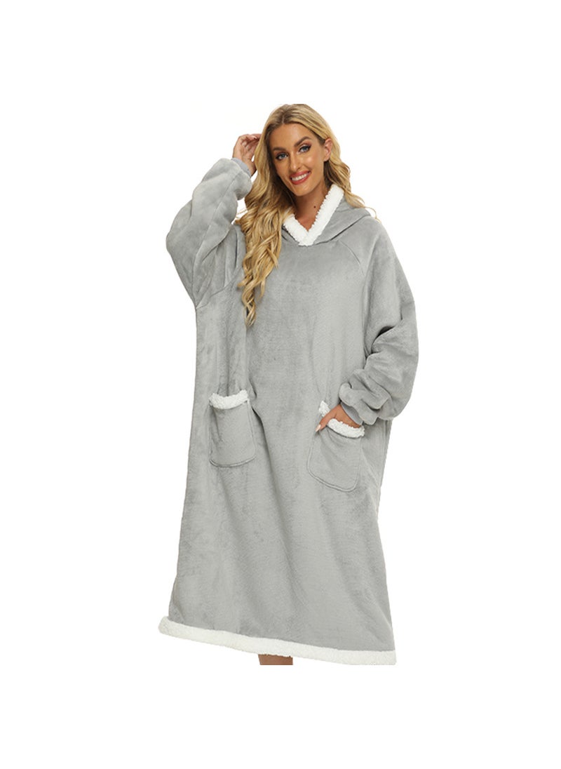 Mint Green 2024 Winter Extended Pocket Lazy Blanket Flannel Fleece TV Robe D21-light gray