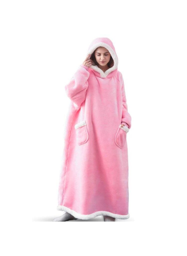 Mint Green 2024 Winter Extended Pocket Lazy Blanket Flannel Fleece TV Robe D21-dark pink