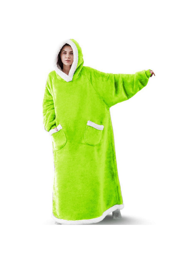 Mint Green 2024 Winter Extended Pocket Lazy Blanket Flannel Fleece TV Robe Fluorescent Green.