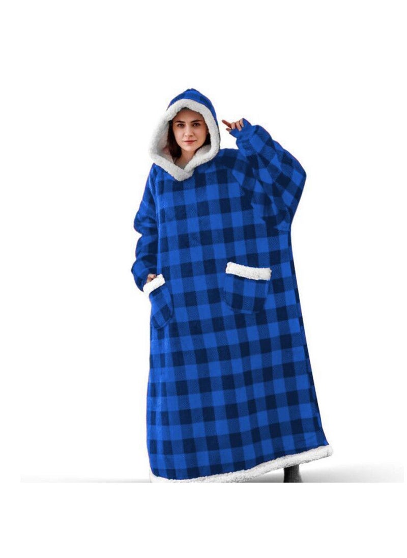 Mint Green 2024 Winter Extended Pocket Lazy Blanket Flannel Fleece TV Robe D21-blue black plaid