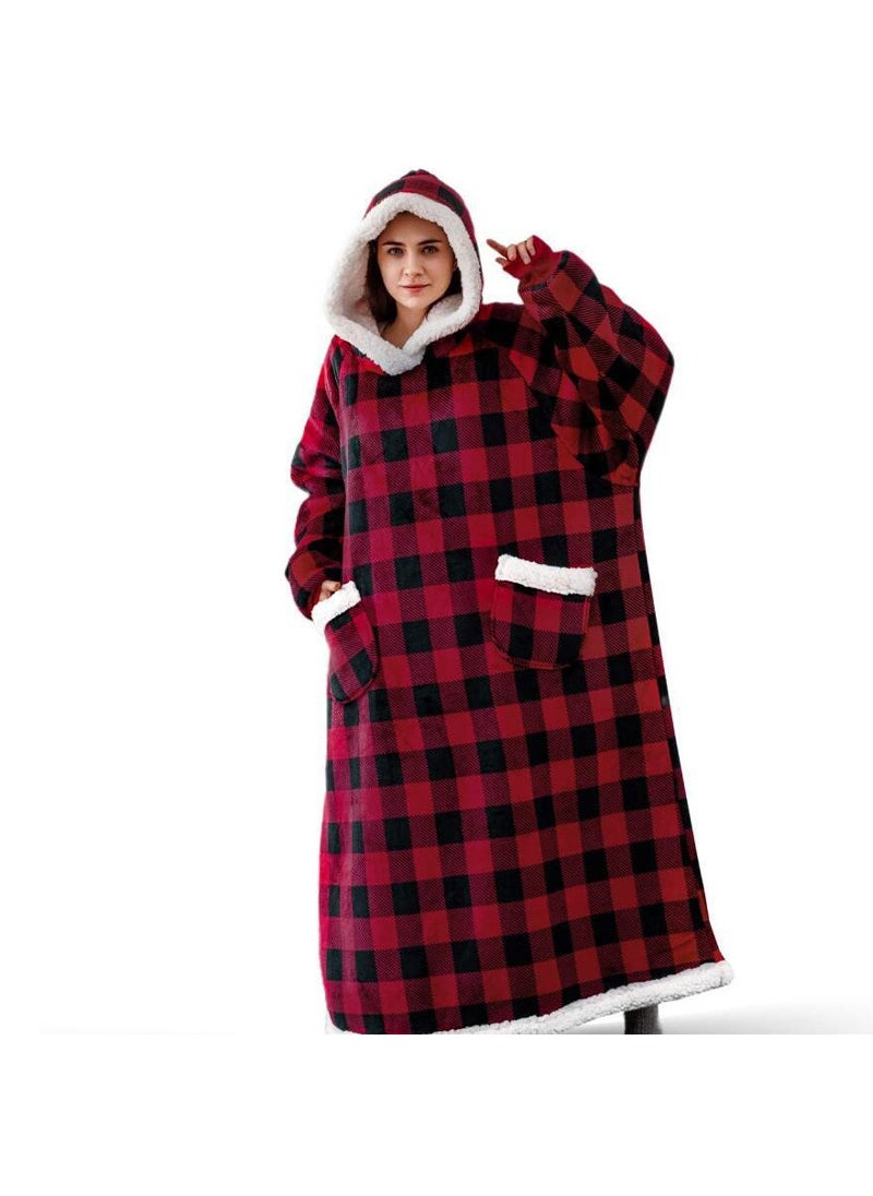 Mint Green 2024 Winter Extended Pocket Lazy Blanket Flannel Fleece TV Robe D21-red black plaid