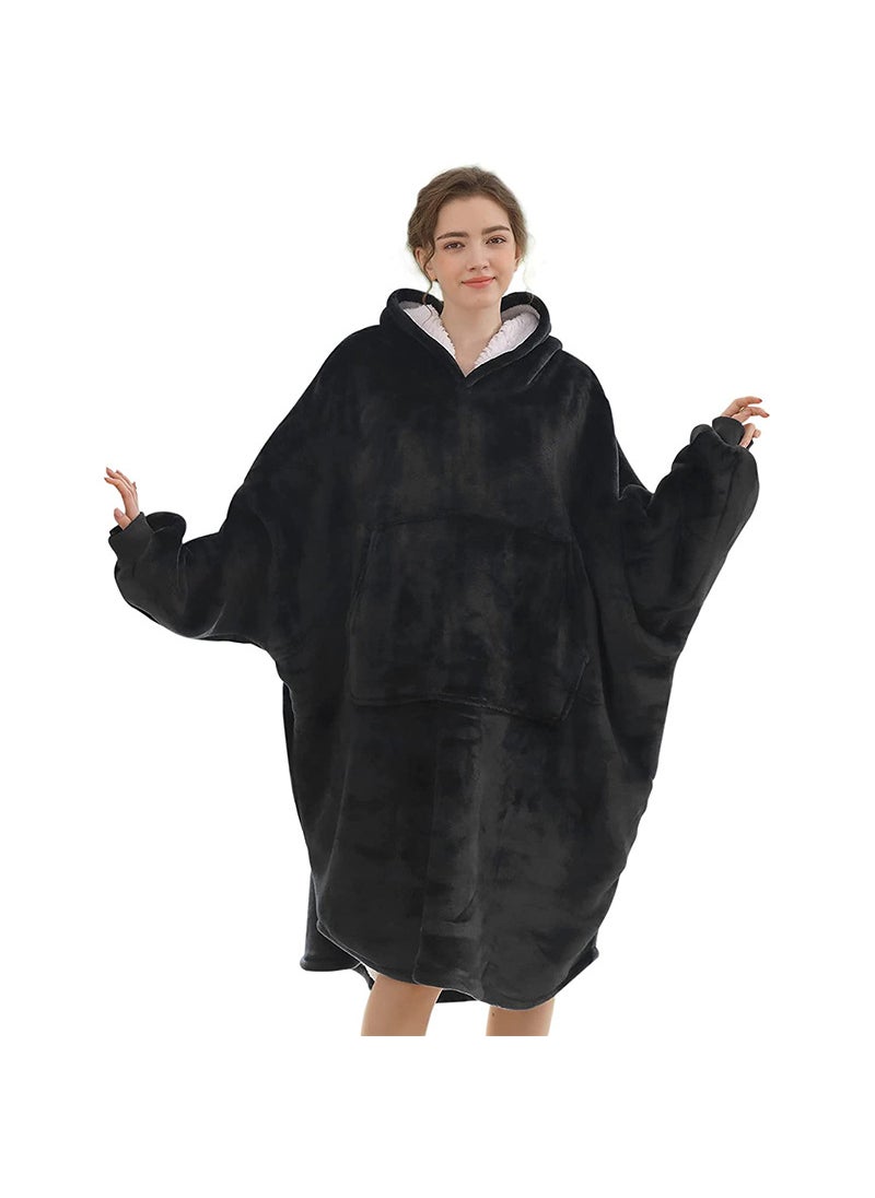 1 x 5 pcs Winter Hooded Fleece Bathrobe Unisex Batwing Sleeves Outerwear Black