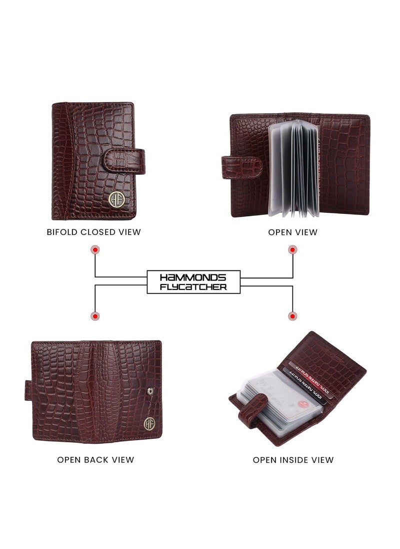 Leather Card Holder for Men and Women - RFID Protected Card Wallet with 18 Card Slots - Gift for Men & Women - Croc Redwood | CC602_CR_LNBR | FWL2