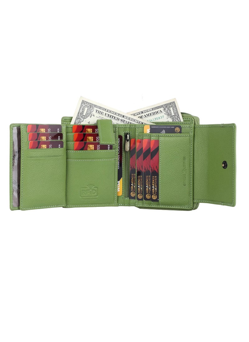 Leather Ladies Wallet - Emerald Green - 14 Card Slots - RFID Protection - 3 ID Card Slots - Women's Wallet - Button Closure -Daily Use, Women Money Purse | LW5003_PRT_GRN | S3NZ