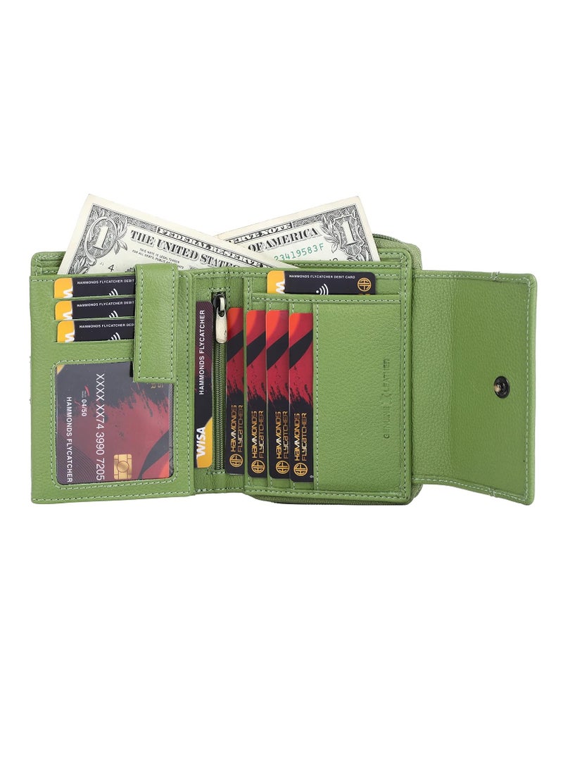 Leather Ladies Wallet - Emerald Green - 14 Card Slots - RFID Protection - 3 ID Card Slots - Women's Wallet - Button Closure -Daily Use, Women Money Purse | LW5003_PRT_GRN | S3NZ