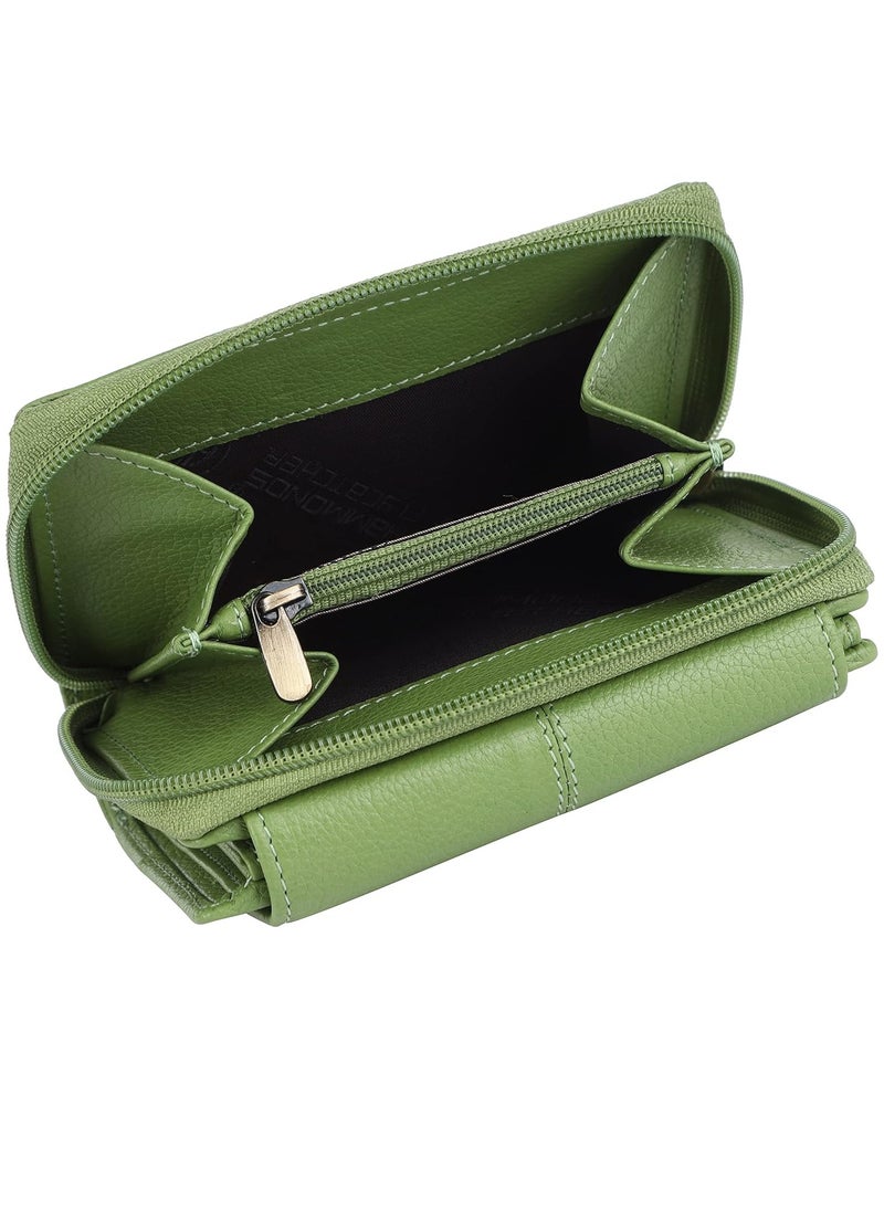 Leather Ladies Wallet - Emerald Green - 14 Card Slots - RFID Protection - 3 ID Card Slots - Women's Wallet - Button Closure -Daily Use, Women Money Purse | LW5003_PRT_GRN | S3NZ