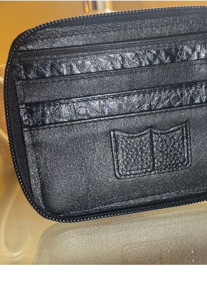 classic black leather wallet boasts a sleek and sophisticated look that never goes out of style.