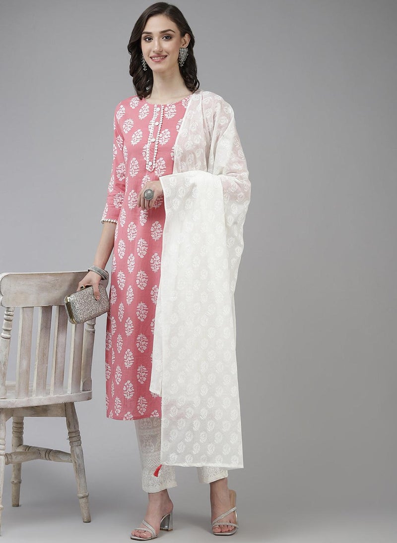 Pink Ethnic Printed Straight Pure Cotton Kurta With Trousers And Dupatta