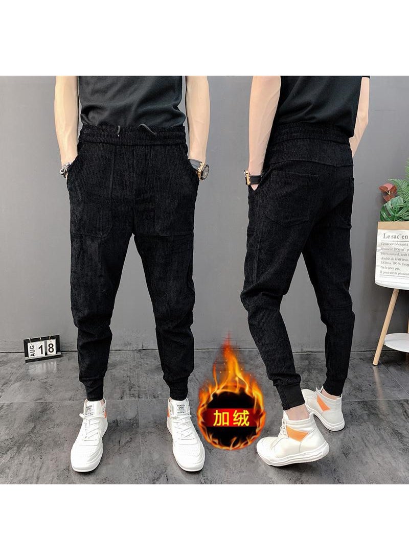 Fleece-Lined Mens Slim Fit Joggers Casual Corduroy Pants Black