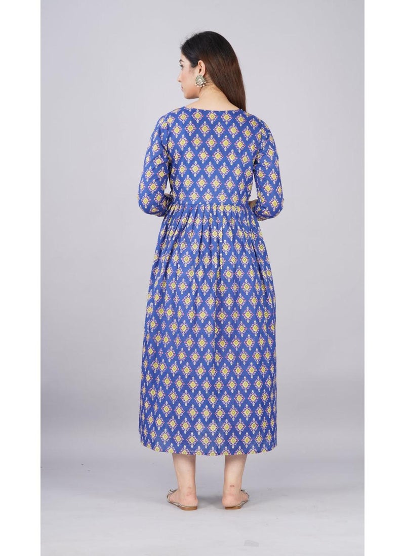 Blue Cotton Maternity Baby Feeding Dress