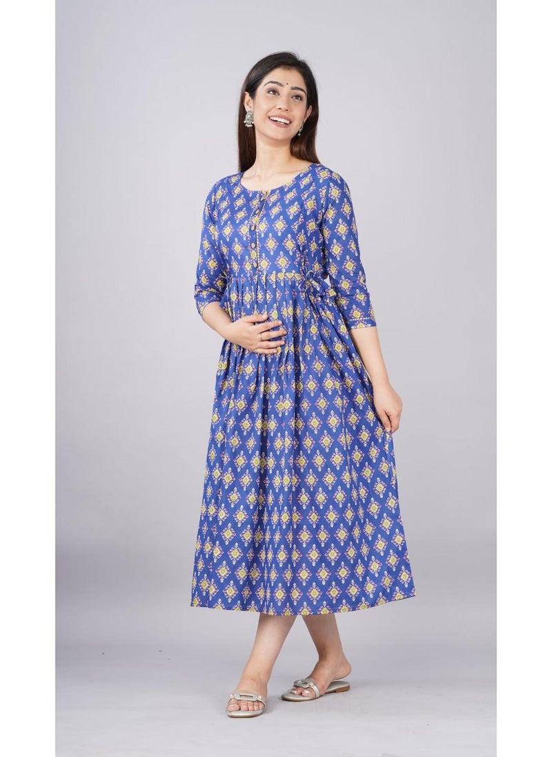 Blue Cotton Maternity Baby Feeding Dress
