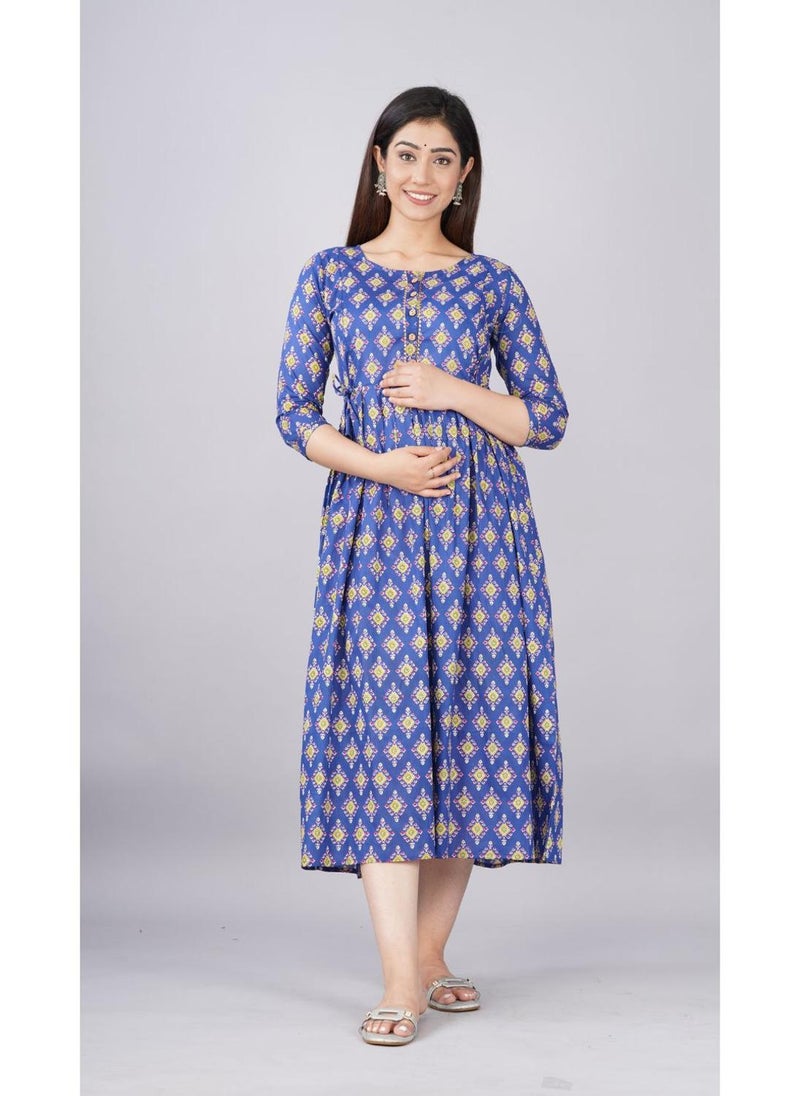 Blue Cotton Maternity Baby Feeding Dress